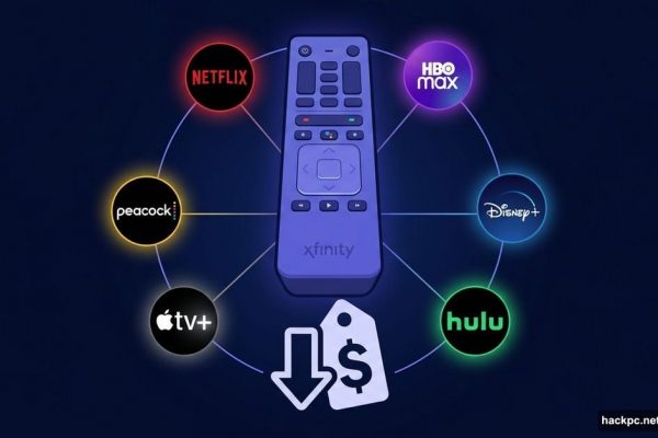 Xfinity remote surrounded by six major streaming service logos showing bundle savings