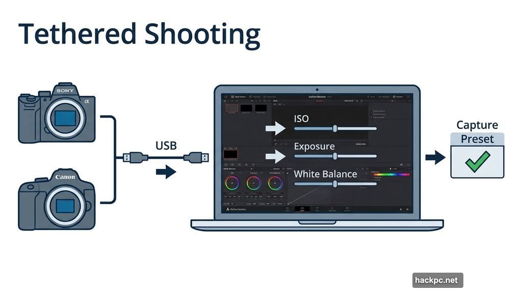 Tethered Sony and Canon cameras connected to DaVinci Resolve Color page
