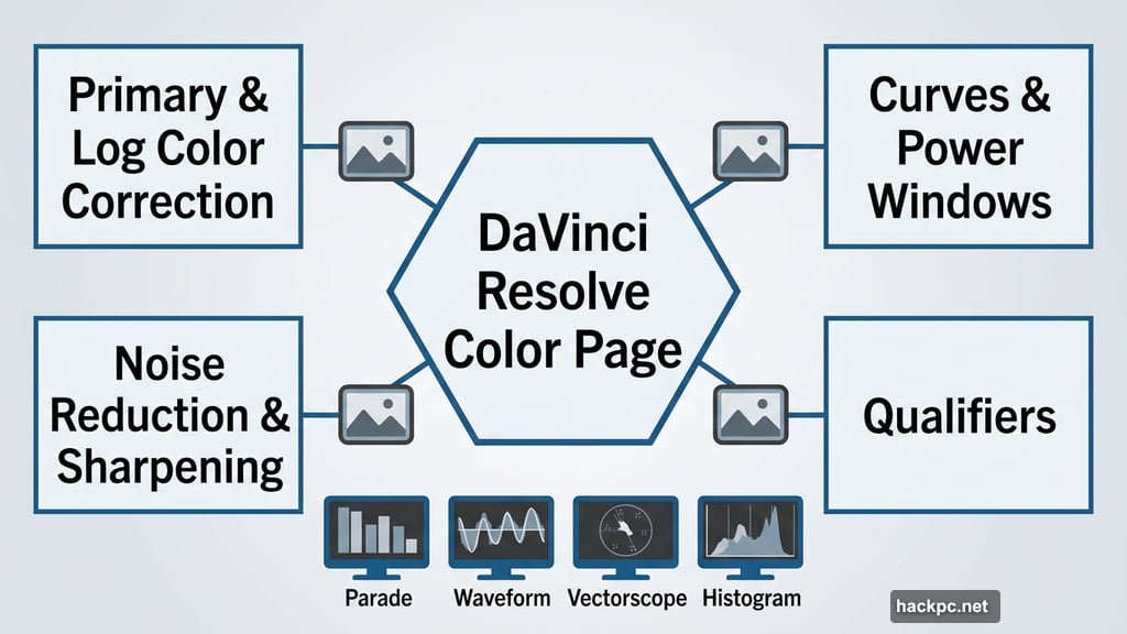 Resolve Color page professional scopes including parade waveform vectorscope histogram