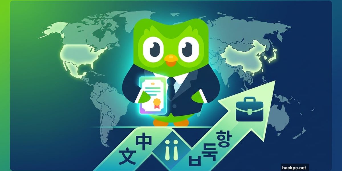 Duolingo owl in business suit holding diploma with world map background
