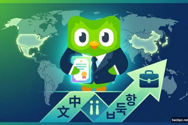 Duolingo owl in business suit holding diploma with world map background