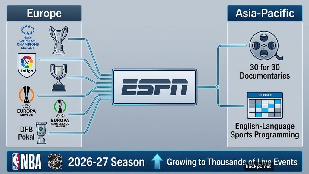 ESPN sports content lineup including La Liga, UEFA leagues and 30 for 30