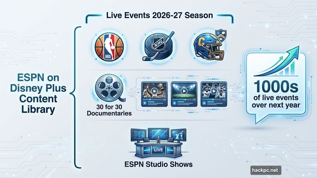 ESPN content library NBA NHL 30 for 30 documentaries and studio shows streaming