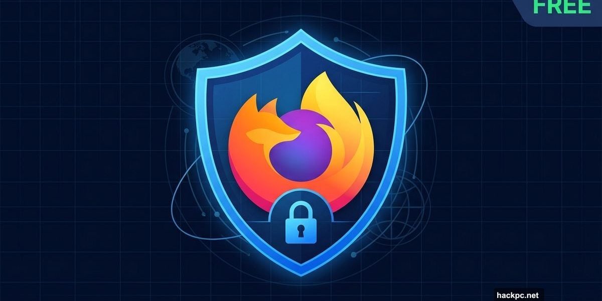 Firefox logo inside a glowing blue VPN shield with free badge