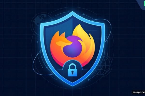 Firefox logo inside a glowing blue VPN shield with free badge