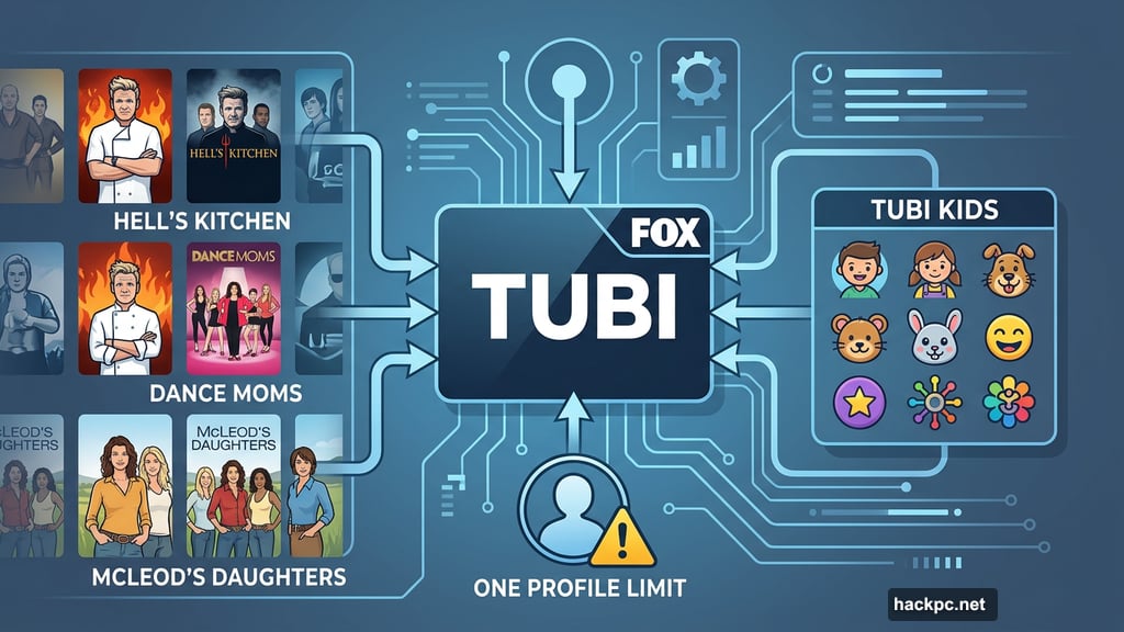 Tubi on-demand library with Tubi Kids section and one profile limit