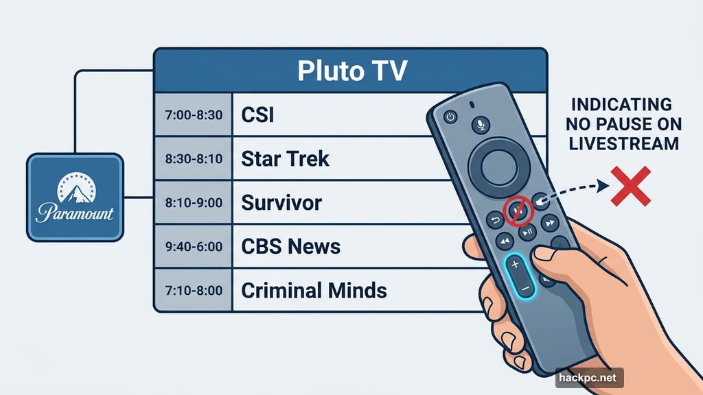 Pluto TV cable-style grid with Paramount shows and no pause feature