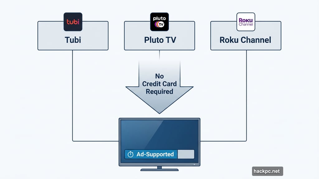 Tubi Pluto TV Roku Channel all free with ad-supported access only