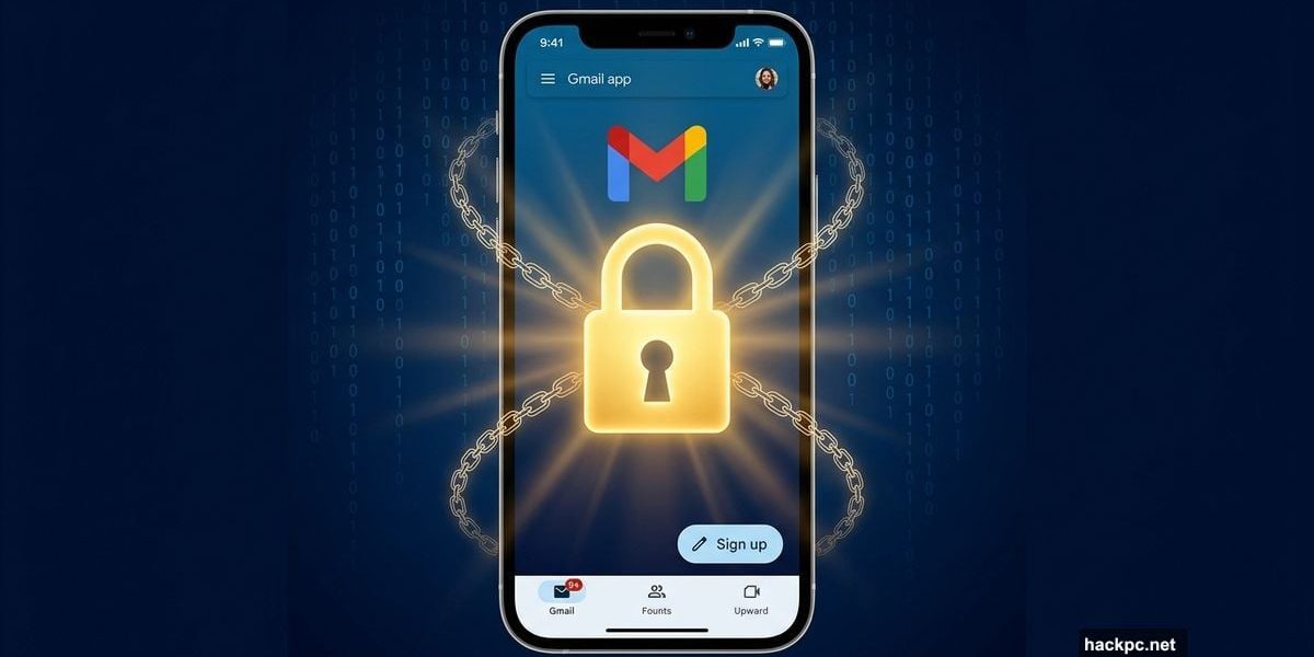 Gmail app on smartphone with glowing encryption padlock icon centered