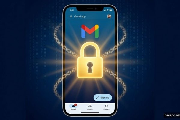 Gmail app on smartphone with glowing encryption padlock icon centered
