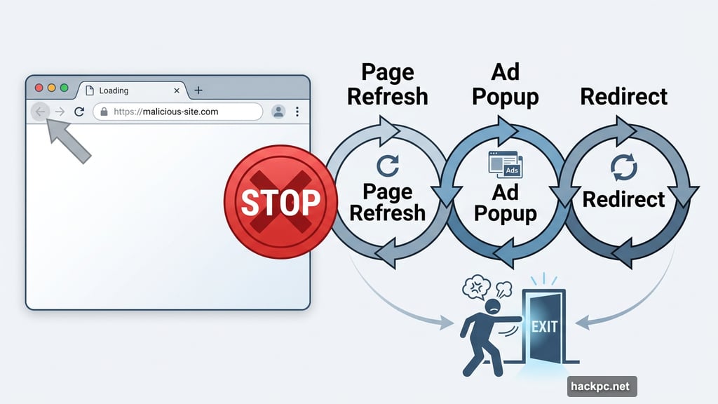 Back-button hijacking traps users with redirects, ads, and page refreshes