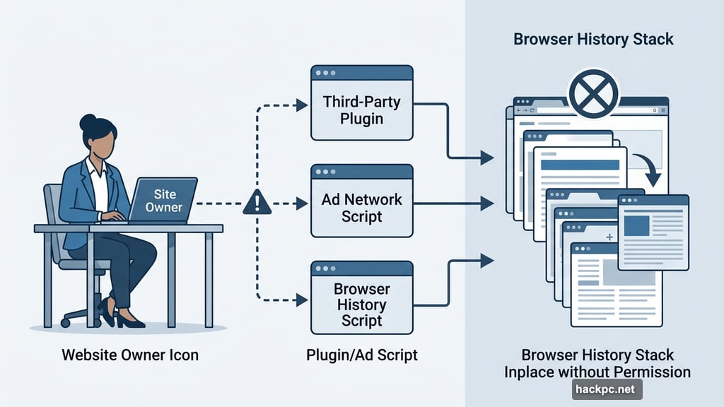 Third-party scripts inserting pages in browser history without user permission