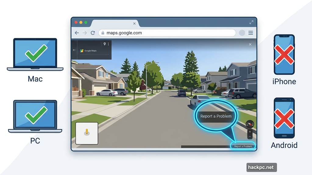 Report a Problem link found in Street View on desktop browser only