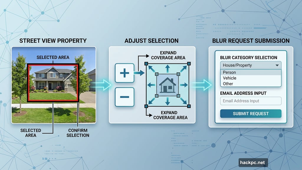 Red selection box and blur request form control Street View privacy submission