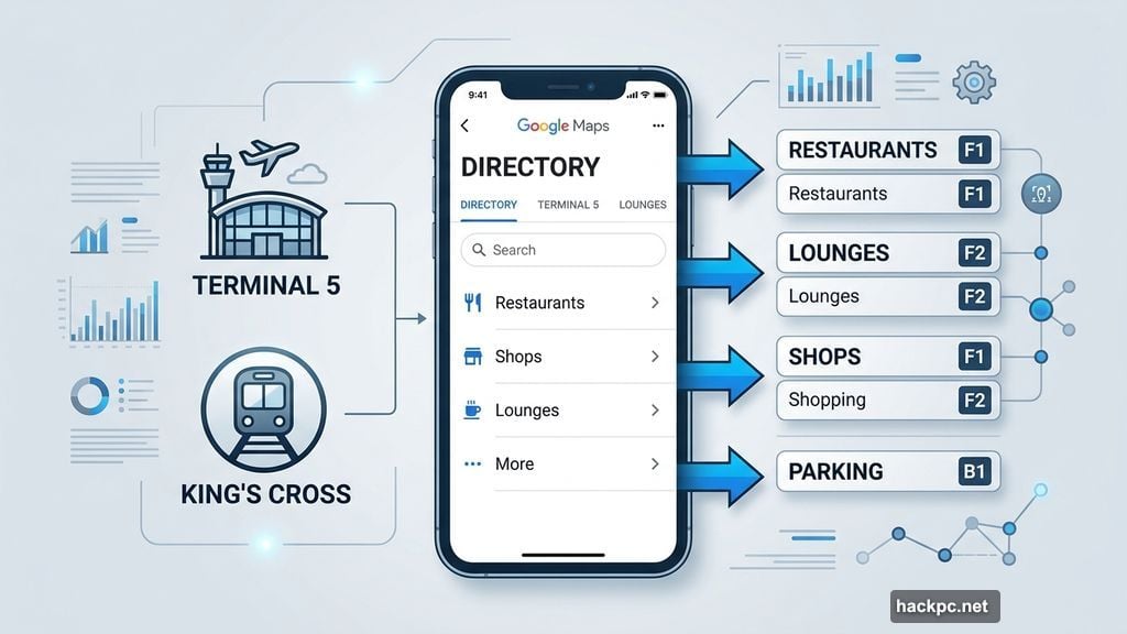 Google Maps Directory tab showing airports malls and train stations venues