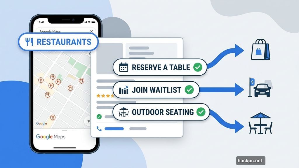 Google Maps restaurant reservations waitlist delivery and outdoor seating options
