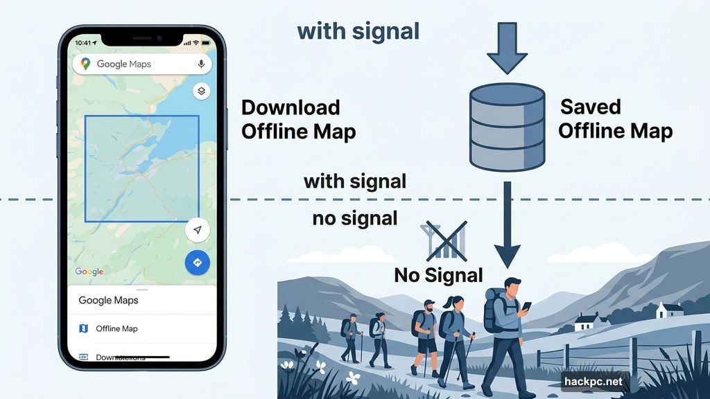 Google Maps offline map download for remote hiking trails without cellular service