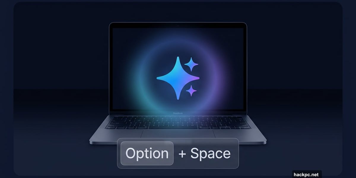 Gemini AI logo glowing above a MacBook with Option Space shortcut
