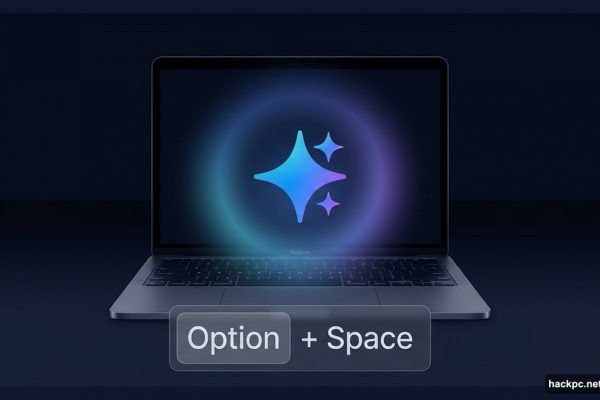 Gemini AI logo glowing above a MacBook with Option Space shortcut