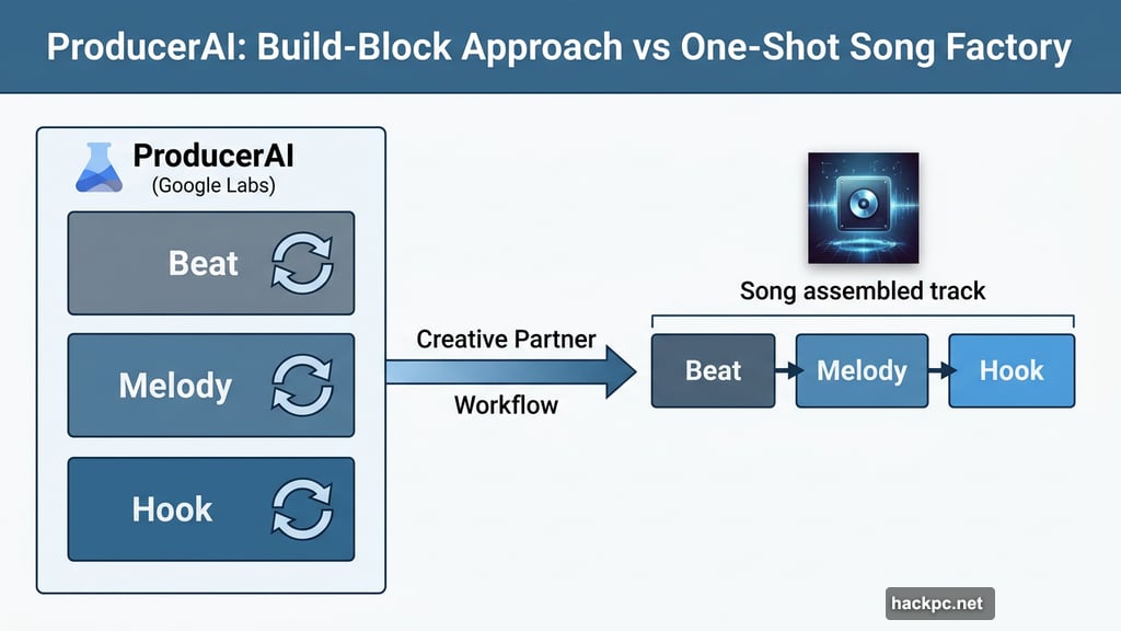 ProducerAI builds full tracks from individual beat, melody, and hook blocks