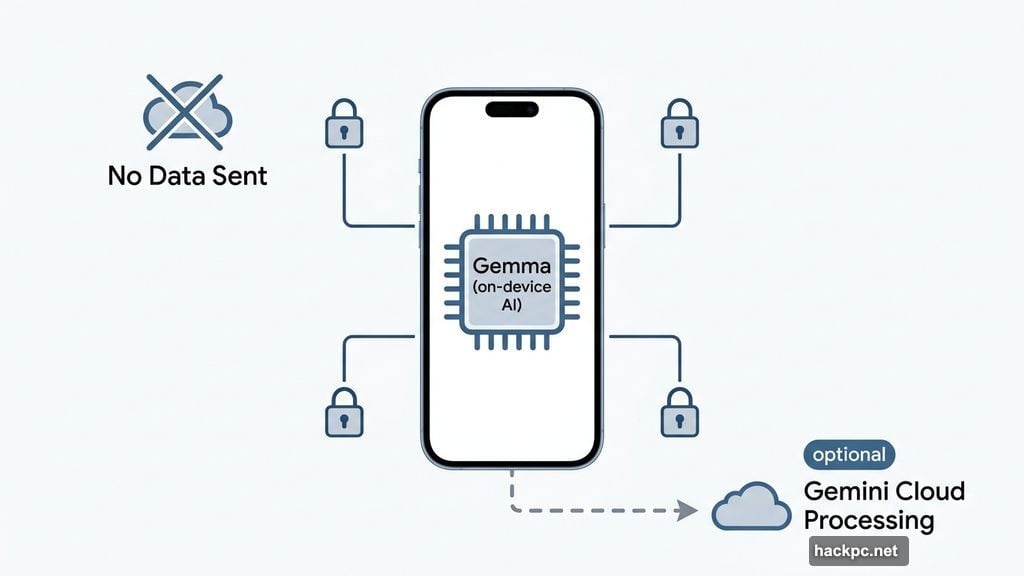 On-device Gemma AI processes dictation offline with optional Gemini cloud
