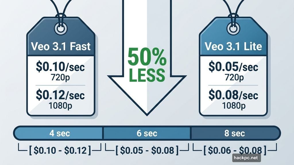 Veo 3.1 Lite costs fifty percent less than Veo 3.1 Fast