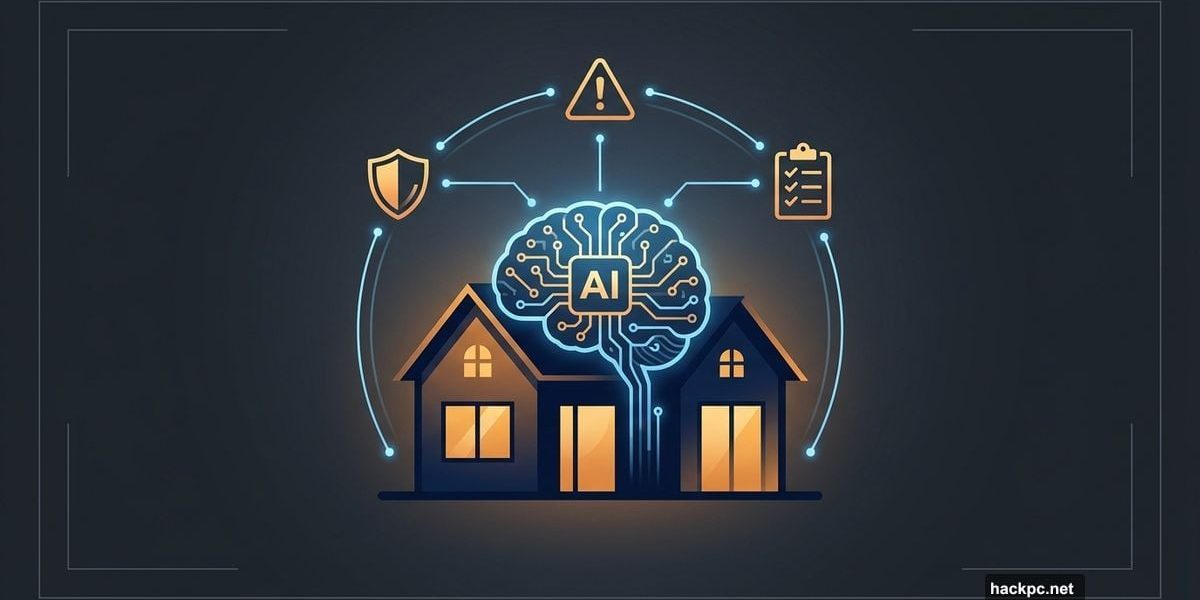 AI brain fused with house silhouette managing home maintenance tasks