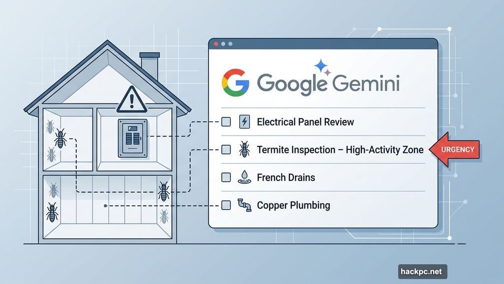 Google Gemini flags termite inspection and electrical panel as urgent priorities
