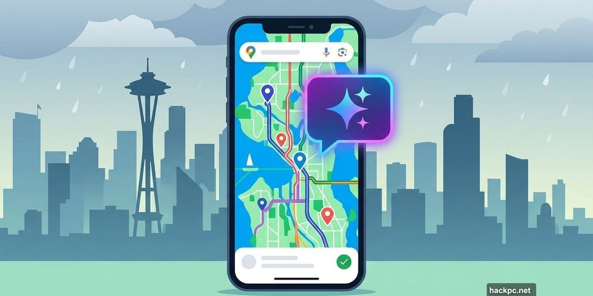 Smartphone showing Google Maps with Gemini AI chat overlay, Seattle skyline