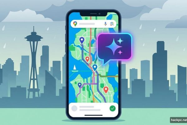 Smartphone showing Google Maps with Gemini AI chat overlay, Seattle skyline