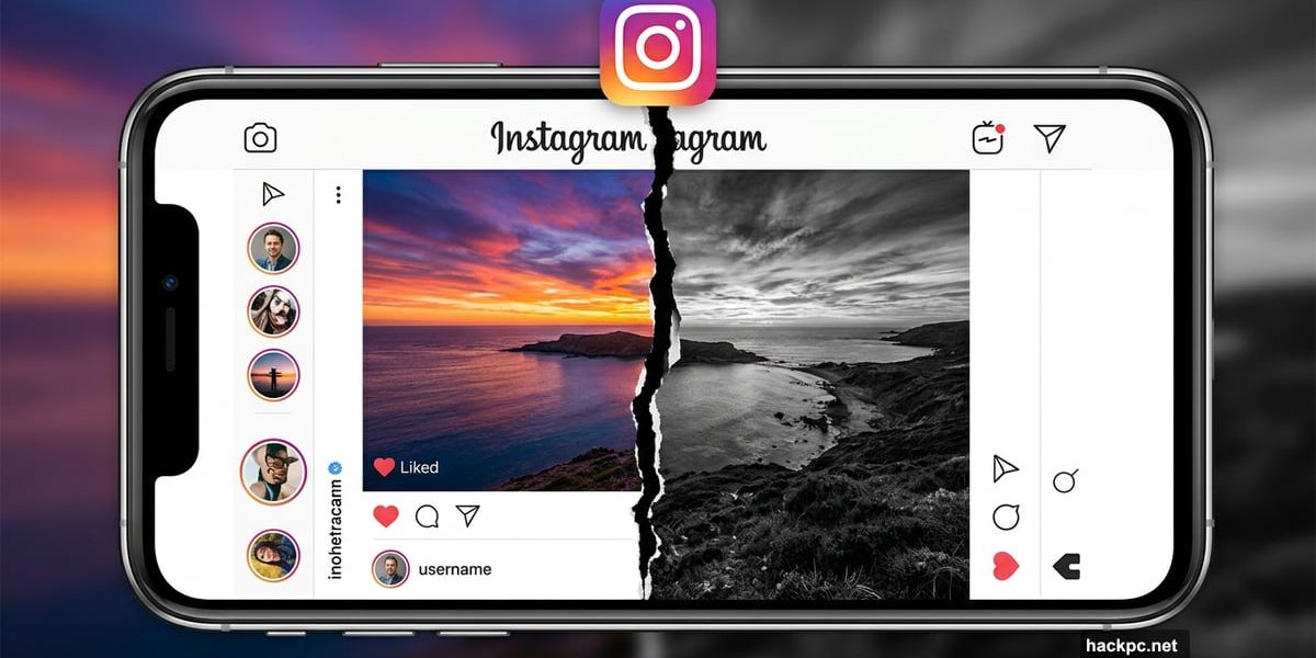 Instagram app showing HDR photo split between color and black-and-white