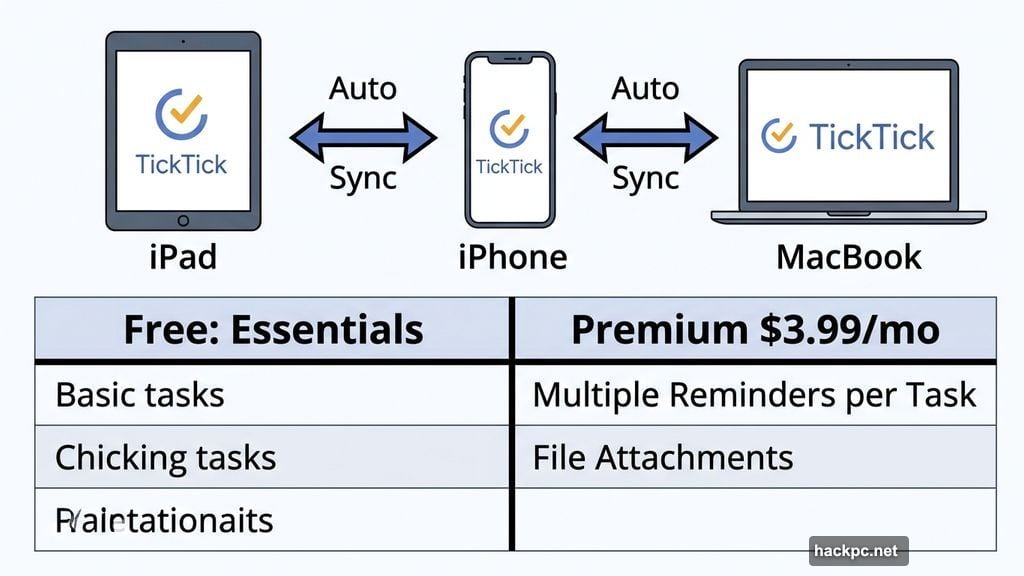 TickTick syncs across all devices with free and premium tiers