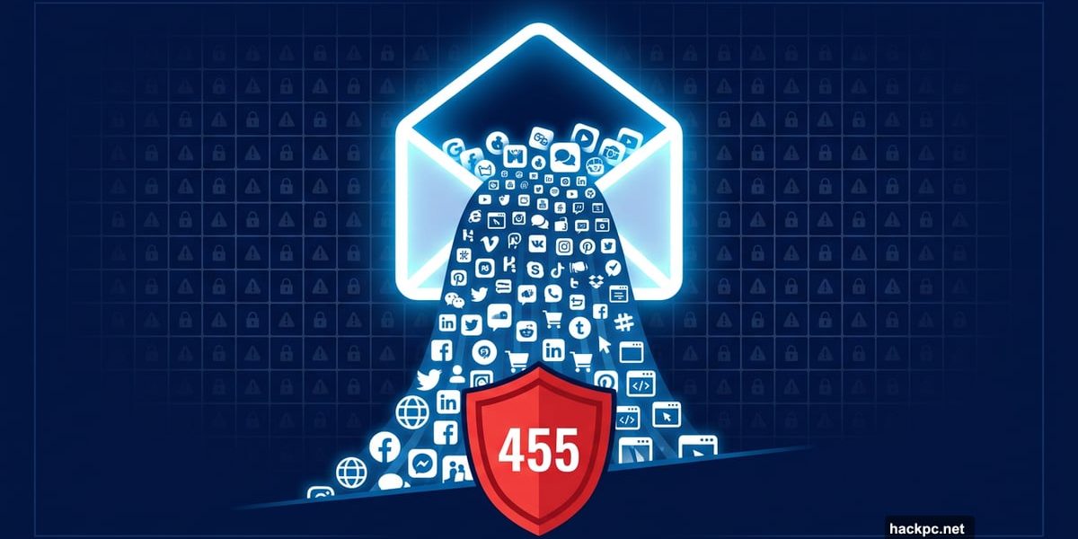 Email envelope overflowing with 455 forgotten online account icons