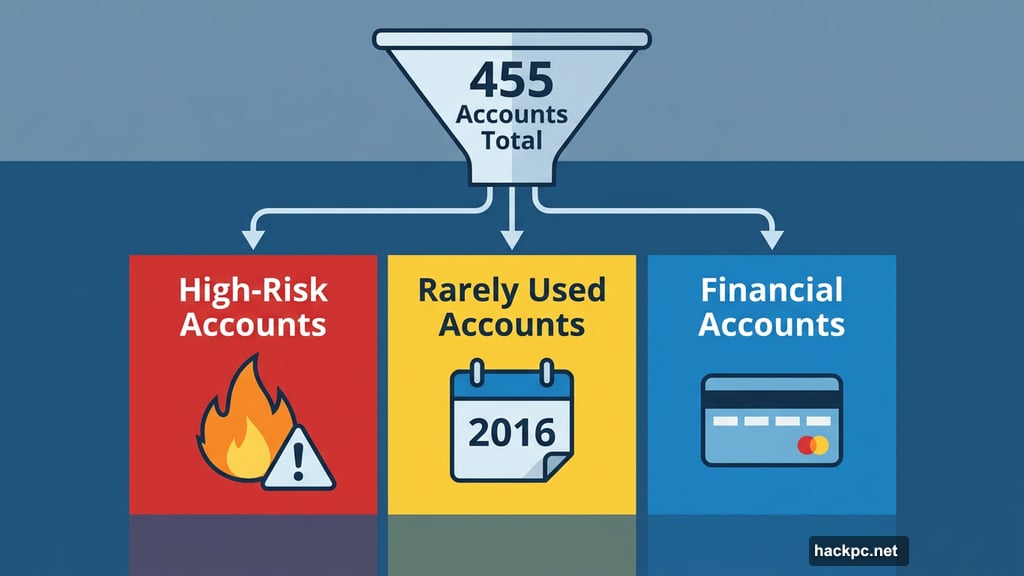 McAfee sorts accounts into high-risk, rarely used, and financial categories
