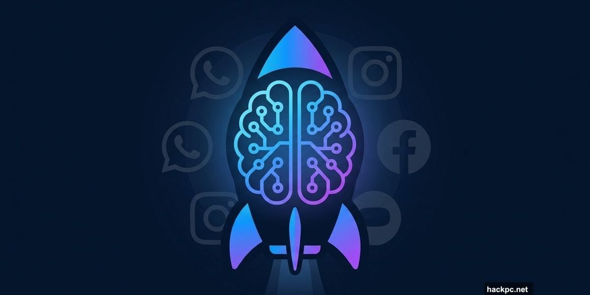 Glowing AI brain rocket launching against Meta app icons background