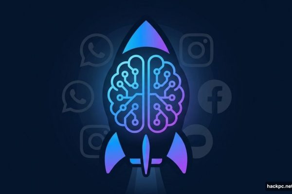 Glowing AI brain rocket launching against Meta app icons background