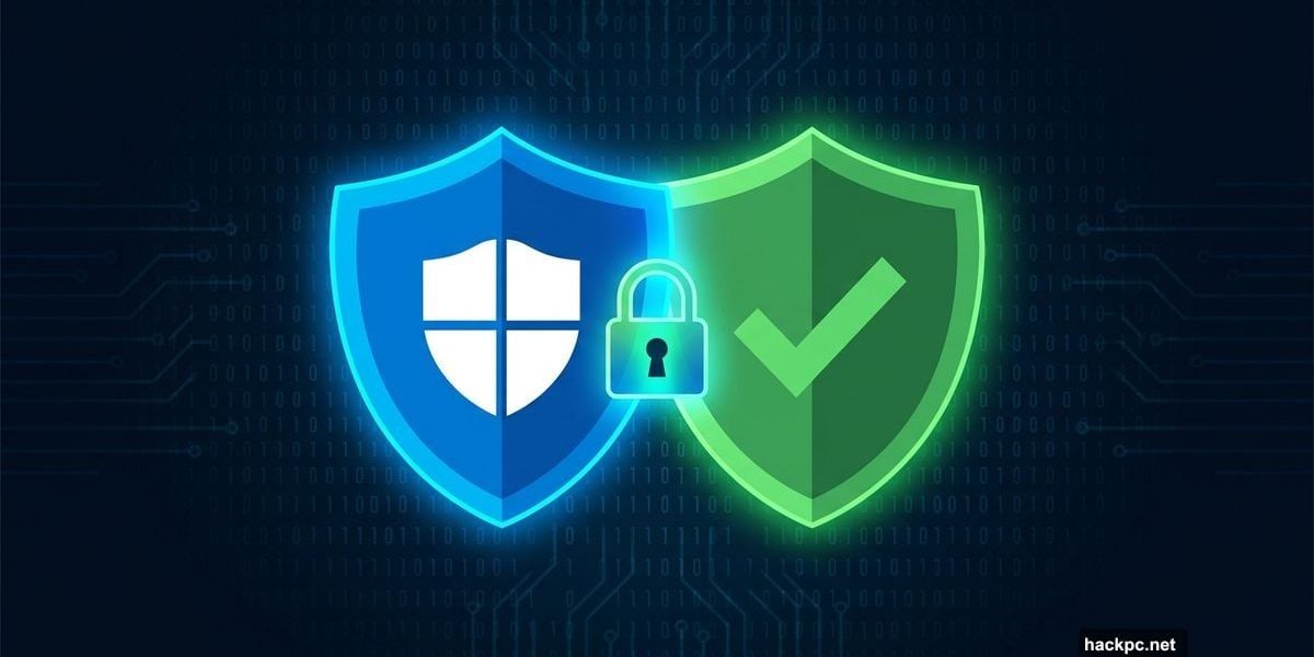 Two glowing security shields representing Microsoft Defender and second antivirus layered together