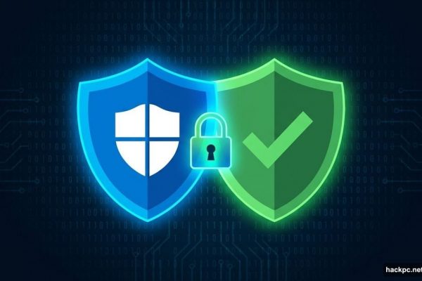 Two glowing security shields representing Microsoft Defender and second antivirus layered together