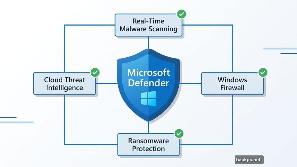 Microsoft Defender built-in shield with real-time scanning and ransomware protection