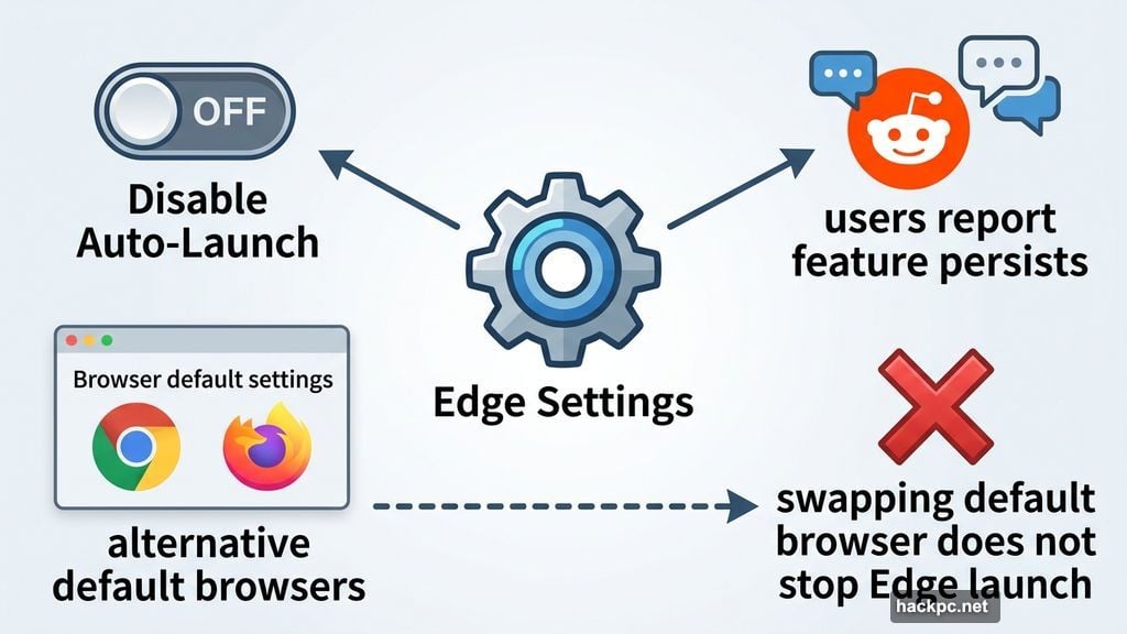 Edge Settings toggle and Reddit reports disabling auto-launch feature fails