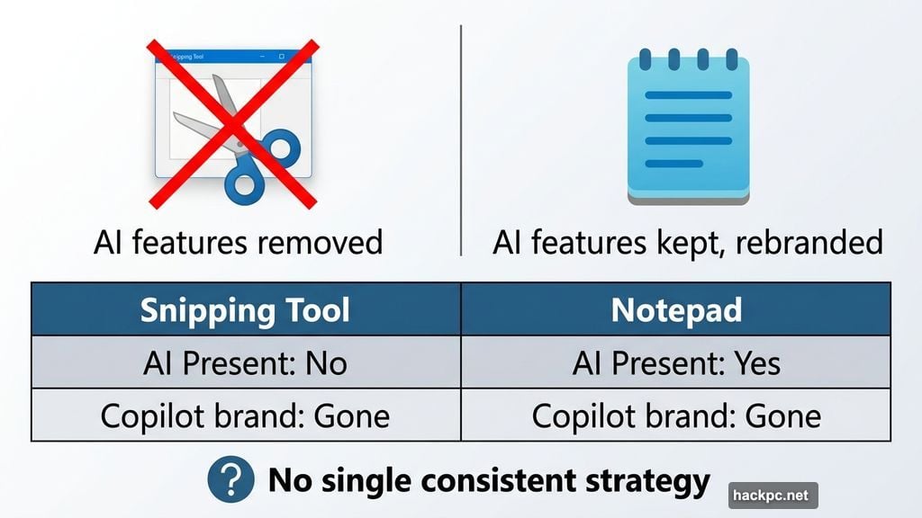 Snipping Tool loses AI entirely while Notepad keeps rebranded features