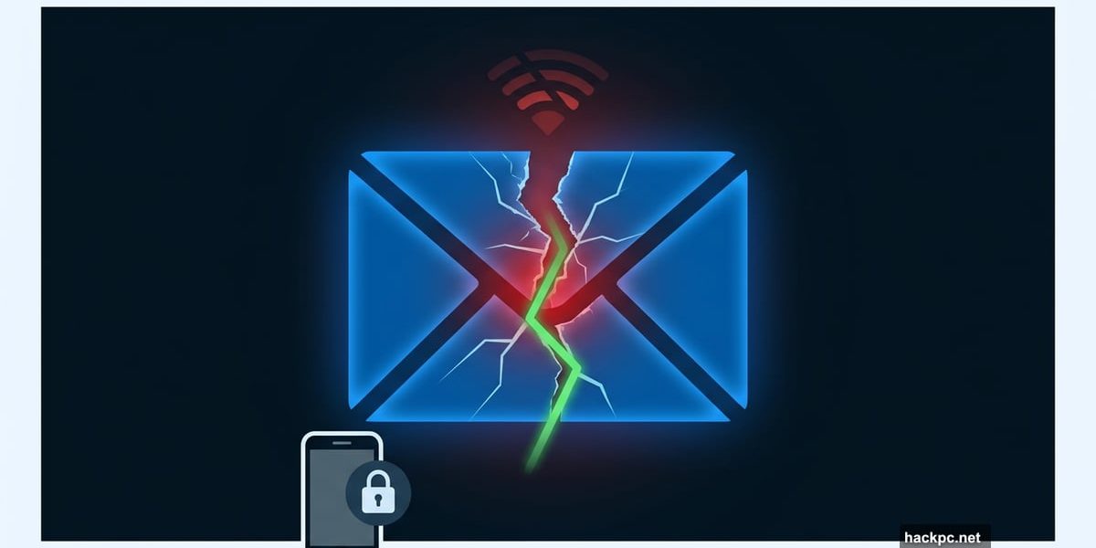 Cracked Microsoft Outlook logo icon with iPhone lock symbol below