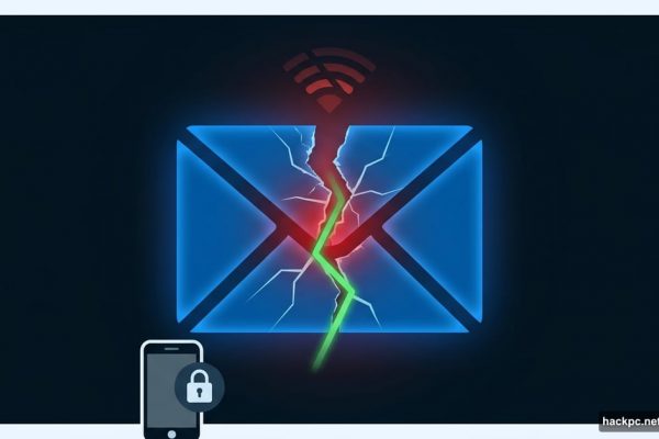 Cracked Microsoft Outlook logo icon with iPhone lock symbol below