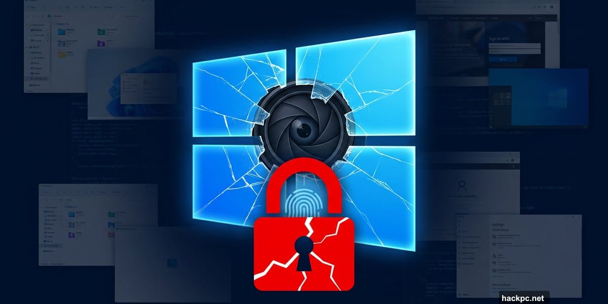 Windows logo cracked open with broken padlock, symbolizing Recall security bypass