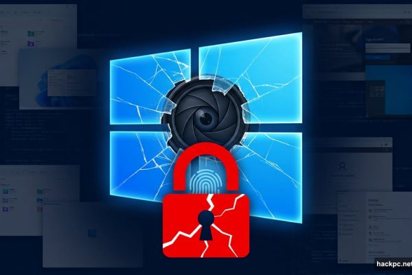Windows logo cracked open with broken padlock, symbolizing Recall security bypass