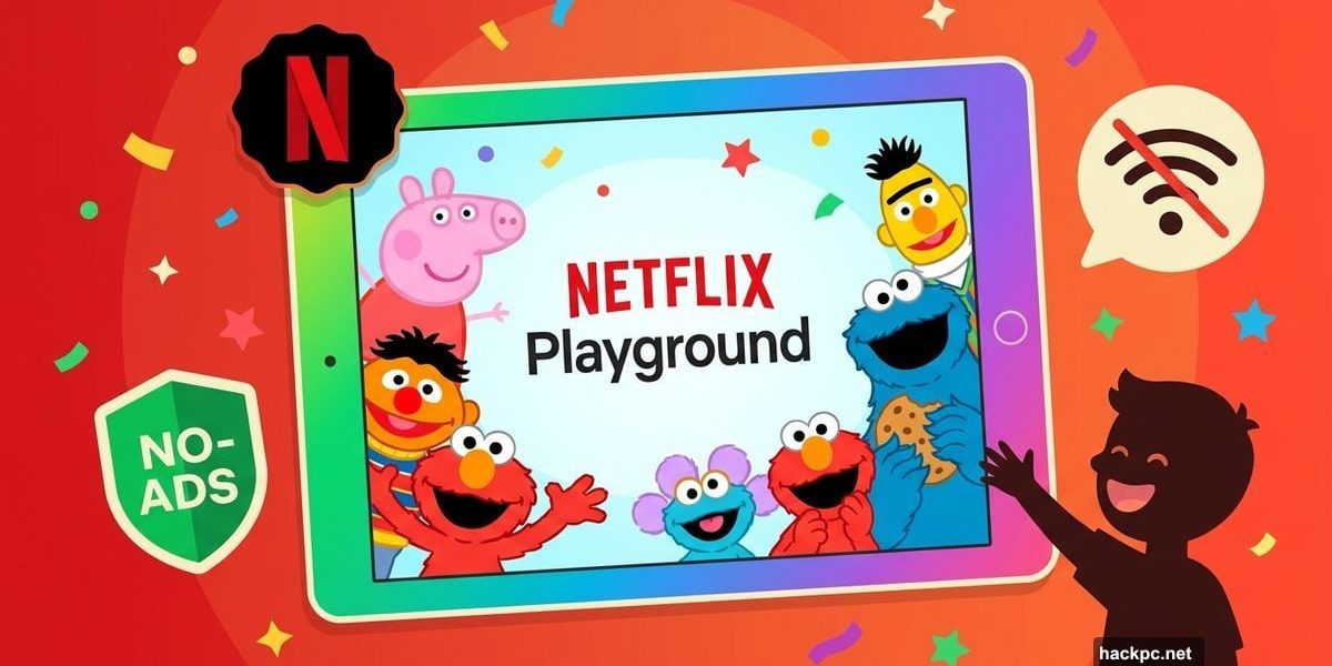 Netflix Playground app on tablet surrounded by beloved kids' cartoon characters