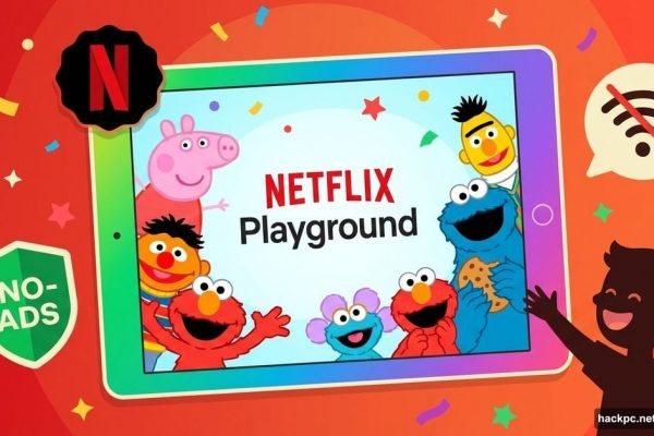 Netflix Playground app on tablet surrounded by beloved kids' cartoon characters