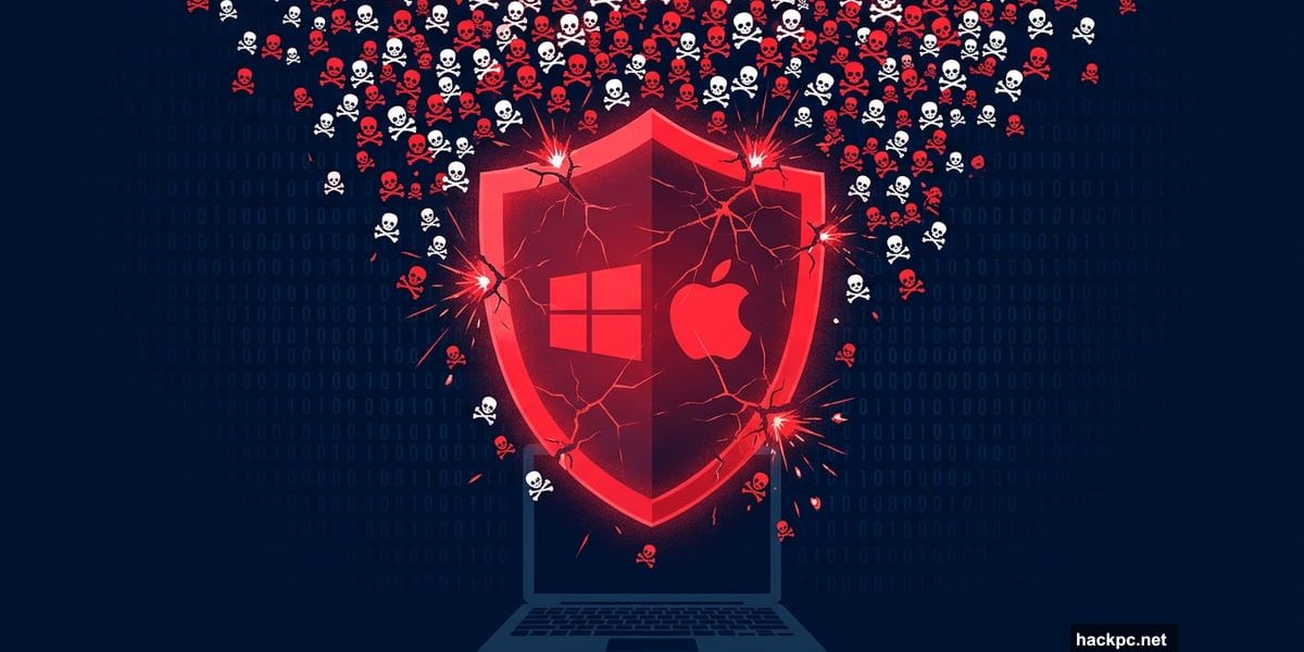Cracking shield overwhelmed by malware swarm protecting a laptop