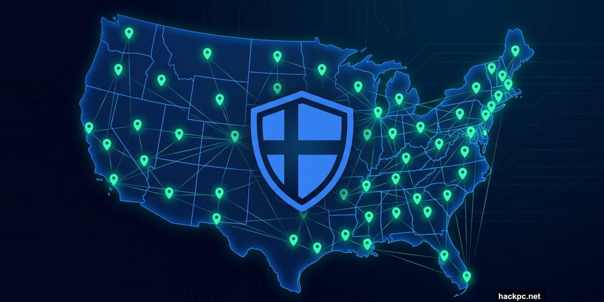 NordVPN shield logo over a glowing US map with all 50 states connected