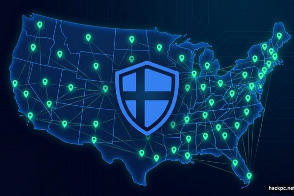 NordVPN shield logo over a glowing US map with all 50 states connected